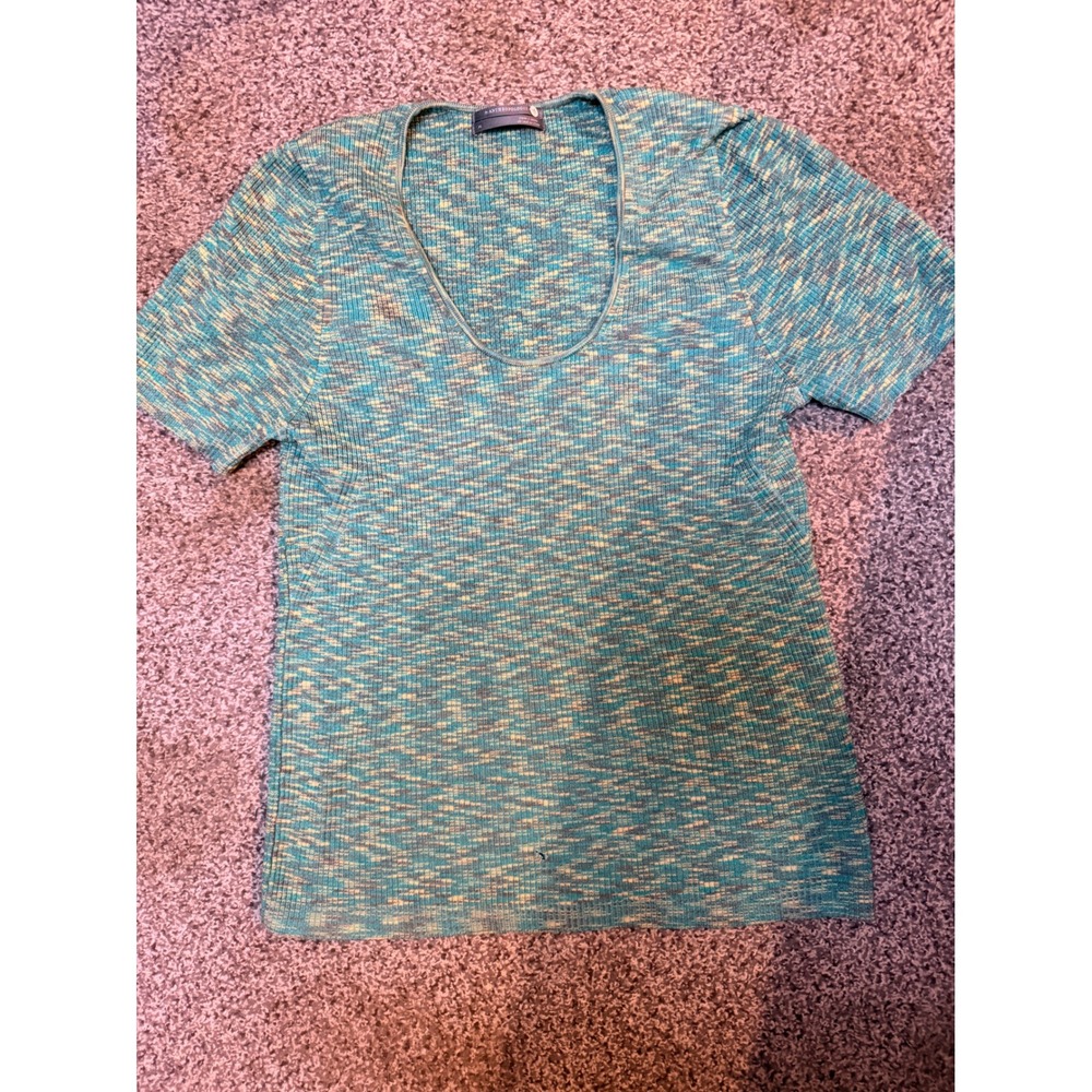 Anthropologie Space Dye Ribbed Knit Scoop Neck Top Teal Blue XL OB1125386